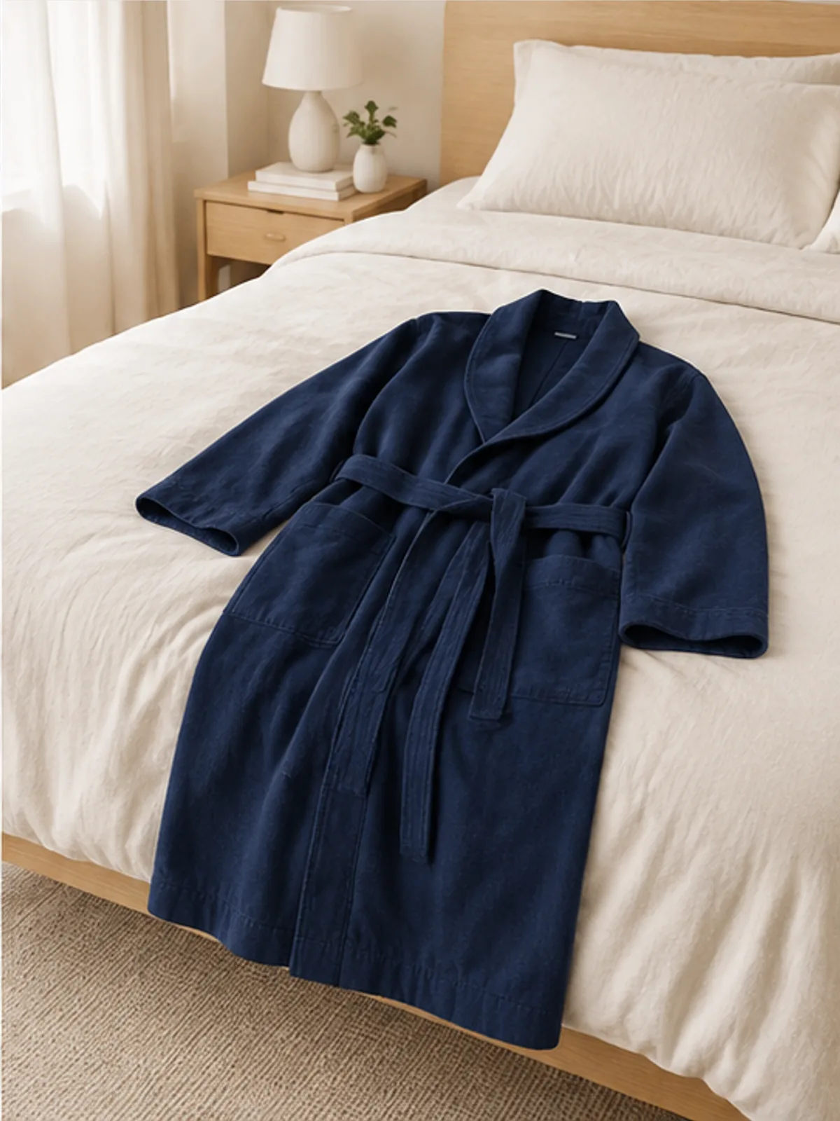 harbour cotton robe 4.webp harbour cotton robe laid over the end of a bed in a calm bedroom