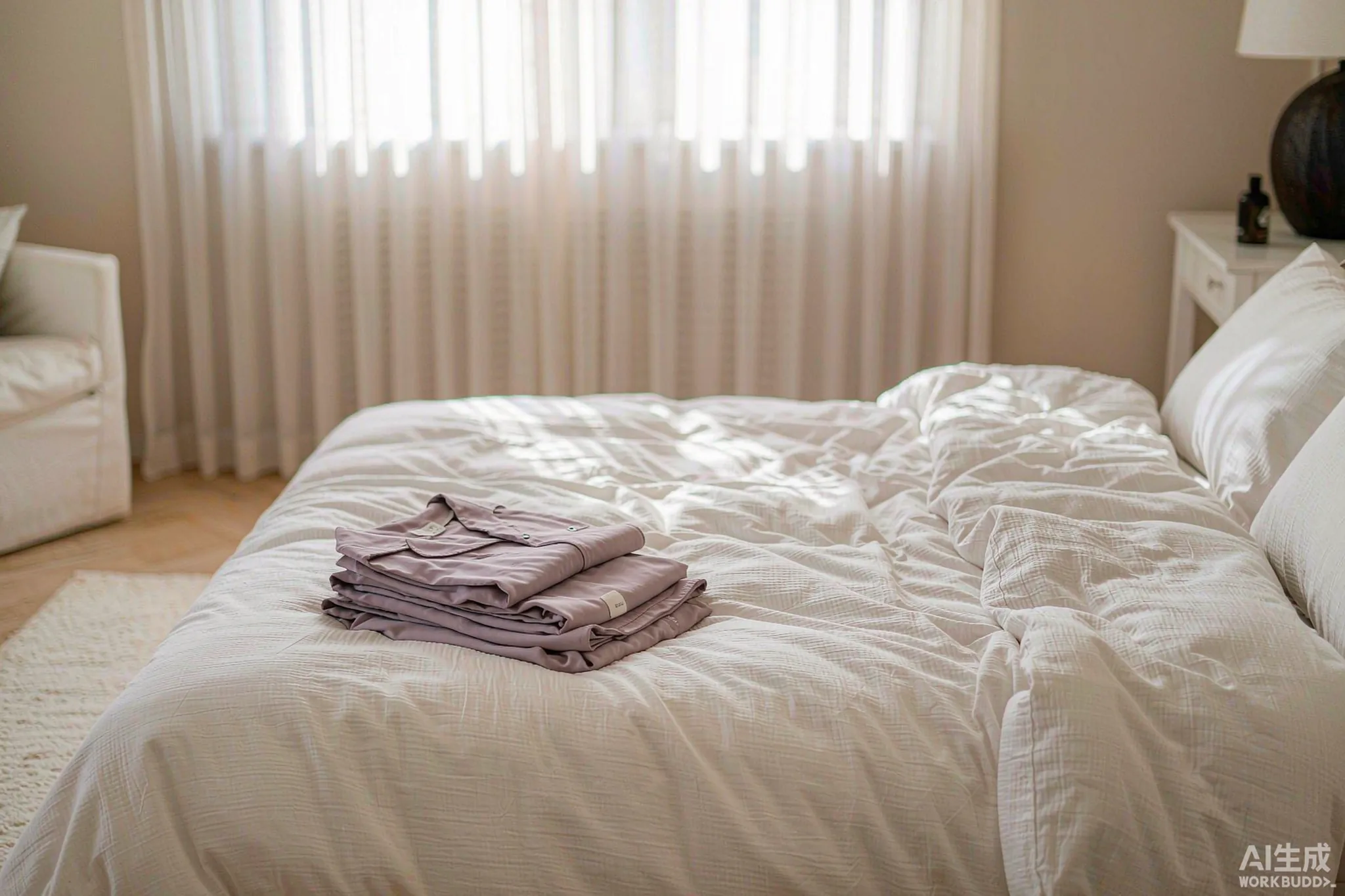 Soft cotton bedding and sleepwear in a calm light bedroom