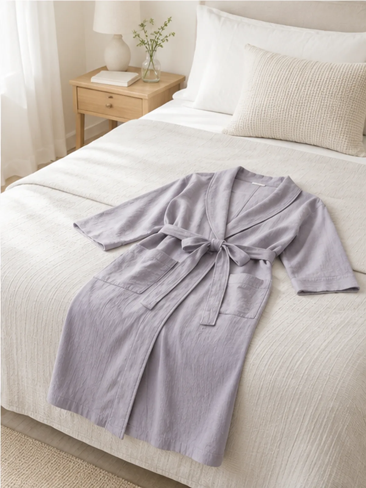meadow cotton robe 4.webp meadow cotton robe laid over the end of a bed in a calm bedroom